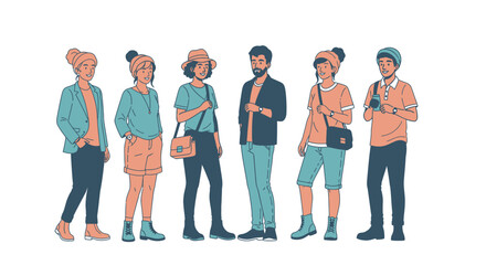 Six diverse young adults stand side-by-side, wearing casual clothing and hats, some with bags slung over their shoulders.