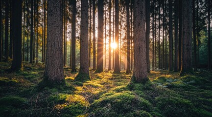 Obraz premium Sunlight streams through a dense forest