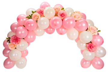 Festive arch made of pink and white balloons with roses isolated with transparent background