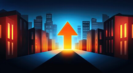 Fototapeta premium City street with upward arrow, glowing brightly, leading to success