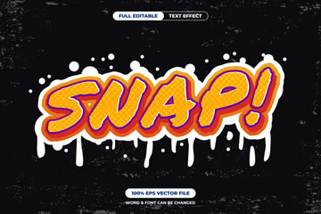 Vibrant graffiti text “SNAP!” in comic book style with bold orange-yellow letters, white drip effect, and grunge black background. Fully editable vector perfect for pop culture design