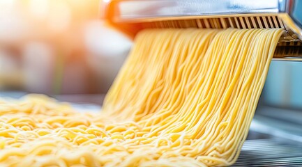 Freshly extruded noodles fall from a stainless steel machine