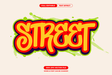 Playful graffiti STREET text with bold yellow-red script, thick outline, and green paint splashes. Editable EPS vector perfect for urban, hip hop, and youth-inspired graphic design