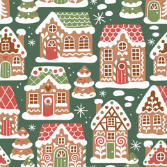 Seamless vector pattern with cute gingerbread houses and Christmas trees. Perfect for textile, wallpaper or nursery print design. EPS 10 vector file.  © MirabellePrint