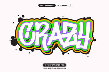Graffiti text CRAZY with bold white fill, colorful outline , and black splash background. Editable EPS vector ideal for fun, street, or youth-themed designs