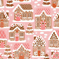 Seamless vector pattern with cute gingerbread houses and Christmas trees. Perfect for textile, wallpaper or nursery print design. EPS 10 vector file.	