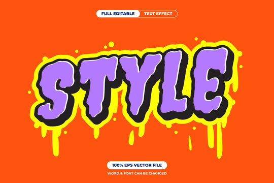 Graffiti text STYLE with bold purple fill, black outline, yellow dripping shadow, and orange background. Editable EPS vector ideal for urban, funky, or streetwear inspired designs