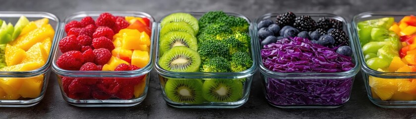 Sugar detox plan with less and diet adjustment concept. Colorful assortment of fresh fruits and vegetables in glass containers.