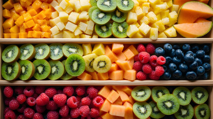Colorful fruit and cheese cubes in wooden trays
