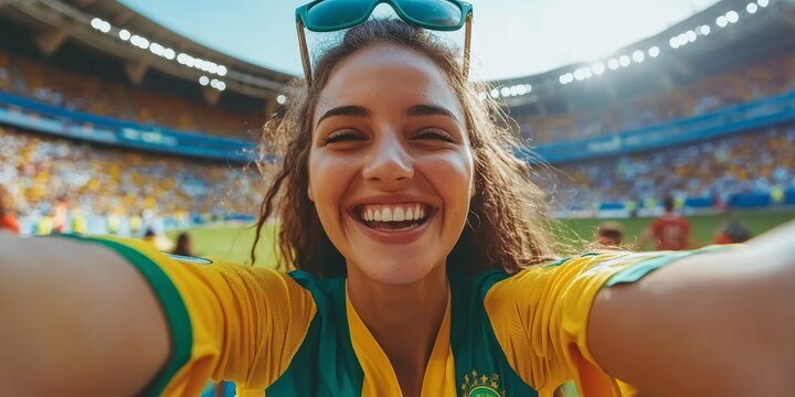 Soccer fans excitedly taking a selfie at a match, capturing the thrilling atmosphere and their enthusiasm, Generative AI