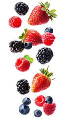 Fresh Berries Falling isolated on transparent white background, clipping path
