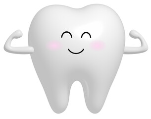 Healthy tooth 3d character showing muscle with smiley face. Dental care concept. Illustration