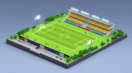 Isometric Soccer Stadium Illustration with Players Spectators and Surrounding Environment