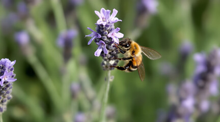 Honeybee collecting pollen from lavender flowers in a summer garden