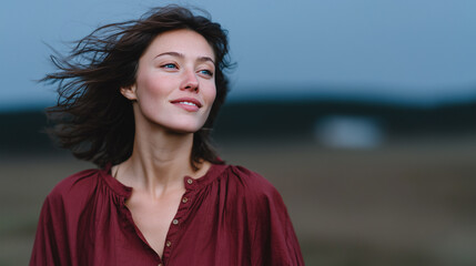 Fototapeta premium Serene Moments: A portrait captures a person's gentle smile, eyes gaze towards the horizon, embodying peace and tranquility with natural beauty.