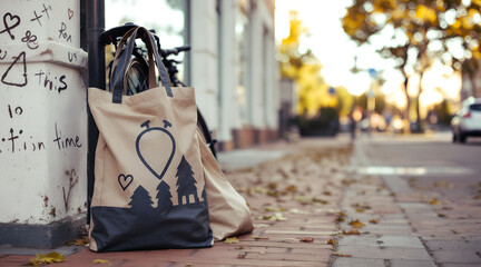 Stylish Tote Bag Leaning Against a Bicycle on a City Street