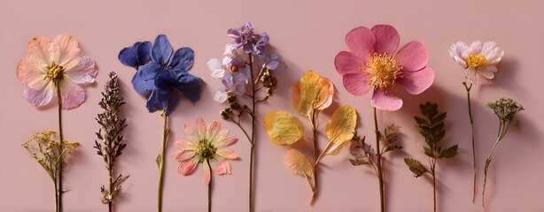 Pressed flower collage art as botanical encyclopedia, pressed flower collage art with pastel colors, pressed flower collage art minimal botanical style