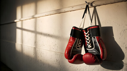 Red and Black Boxing Gloves Hanging on a Wall with Sunlight