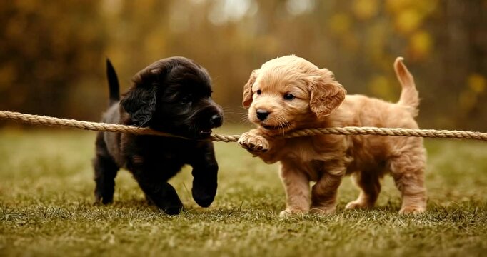 Two playful puppies tugging on a rope outdoors.