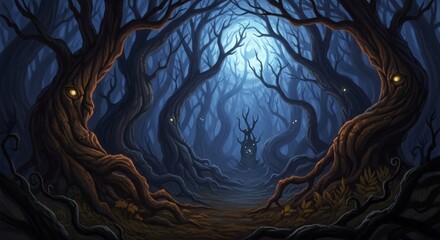 Mystical Forest Path with Glowing Eyes and Eerie Atmosphere.