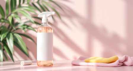 Elegant Cleaning Product Still Life with Pink and Green Accents