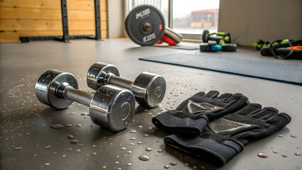 Gym Equipment on Floor with Water Droplets After Workout Session