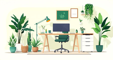Home office interior with plants desk computer chair and decoration