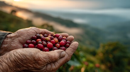 Freshly Harvested Coffee Cherries in Worker Hands Against a Scenic Mountain Landscape at Sunrise