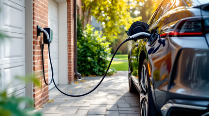 Electric Car Charging at Home on a Sunny Day in the Suburbs