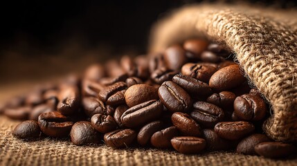 Fresh Coffee Beans Spilling from a Burlap Sack on Natural Jute Fabric Background, Rich Aroma and Texture