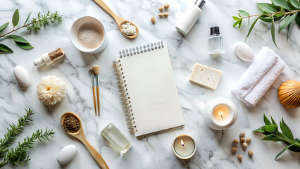 Spa and Wellness Flat Lay with Notebook on Marble Background