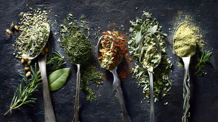 Assorted herbs and spices in artistic arrangement, celebrating natural flavors and culinary diversity