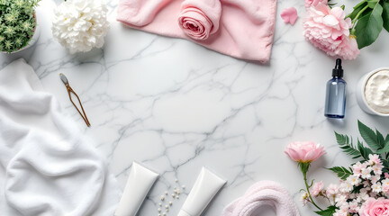 Elegant beauty and skincare product arrangement on a marble surface with flowers