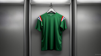 Green Jersey with Red White and Blue Stripes Hanging in Locker Room