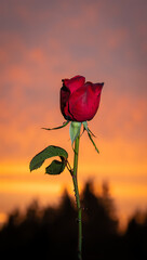 Single red rose with dew drops at sunset, romantic nature scene