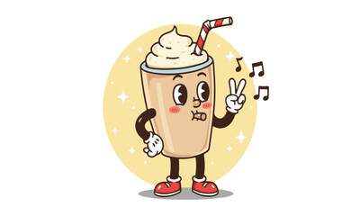  A delightful vintage-style cartoon illustration of a light brown milkshake cup character with whipped cream and a striped straw,