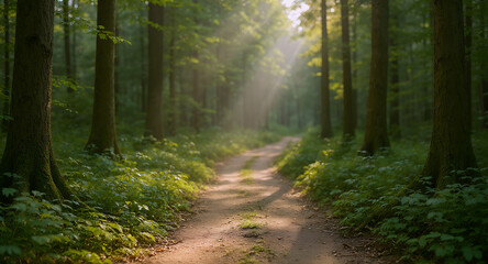 Sunlight Filtering Through a Dense Forest Canopy Illuminating a Dirt Path