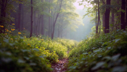 Peaceful nature scene of a narrow path through lush green forest, illuminated by soft sunlight and morning mist. Tranquil, serene atmosphere perfect for outdoor themes.