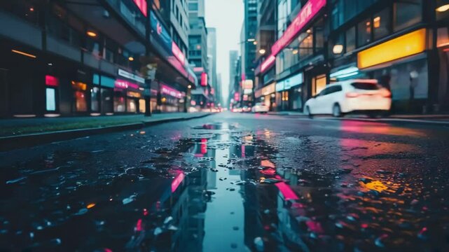 A vibrant city street at night on a rainy day, with reflections and light trails, conveying urban dynamism and atmospheric city life. Ideal for cityscapes or moody themes.