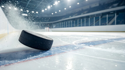 Hockey puck hitting ice on rink with spray in a stadium