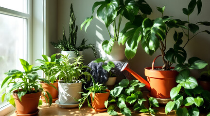 Indoor Garden Oasis A Collection of Potted Plants Bathed in Sunlight