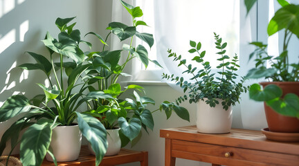 Indoor plants in pots near a bright window home decor and design
