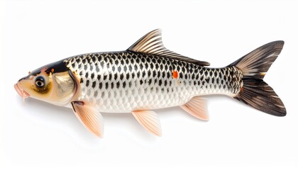 Photo of a koi fish with a plain white background