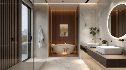 Modern Luxurious Bathroom Interior with Marble Wood and Natural Light