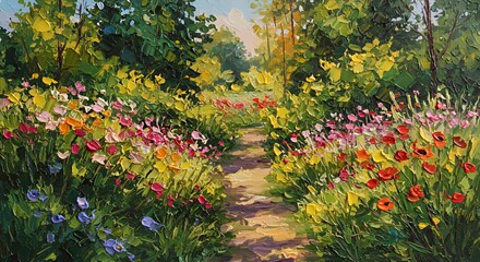 Sunlit Garden Path: A Vibrant Impasto Floral Landscape