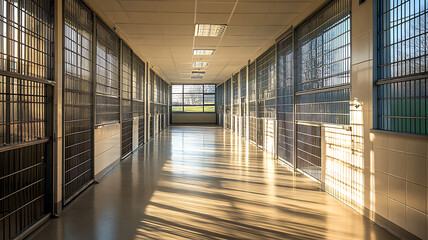 Empty animal shelter corridor with metal cage doors leading to a sunny outdoor view offering hope