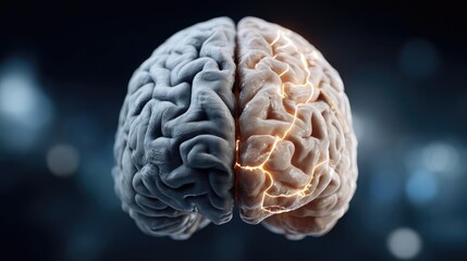 Low dopamine with brain and cognitive imbalance concept. A detailed view of a human brain showing neural activity.