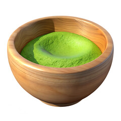 Wooden Bowl Filled with Green Powder Depicting a Hole in the Center on Transparent Background This image features wooden bowl filled green powder creating unique