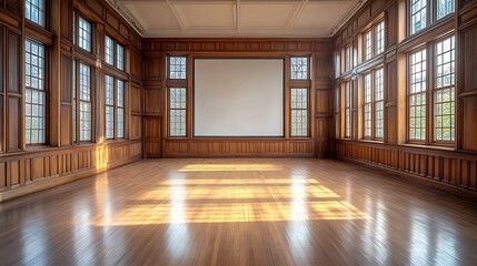 Empty auditorium interior with large screen and sunlight reflections on wooden floor for presentation template opportunity