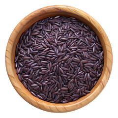 Wooden Bowl Filled with Forbidden Black Rice Grains Top View Perfect for Food Illustrations on transparent background top down view shows wooden bowl brimming glistening forbidden